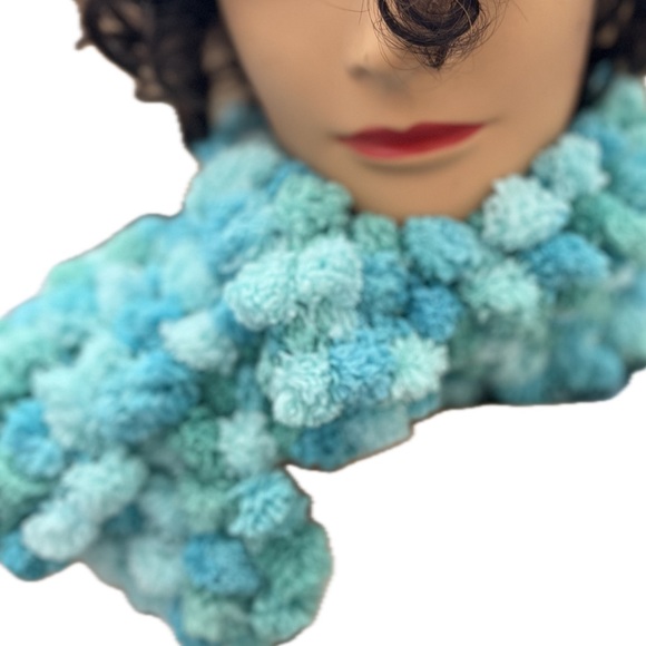Pomp-a-Doodle Scarf in Seafoam / Aqua/ Turquoise Shades—48”L x 5”W - Picture 6 of 7